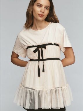 Antropologie Women’s Cream Tulle Overlay Dress with Black Ribbon